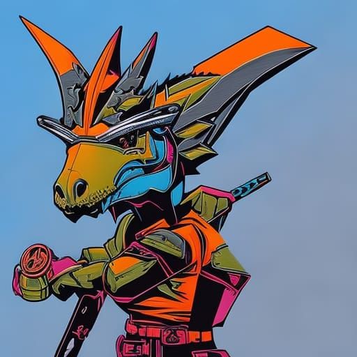Anthropomorphic Triceratops Mechanic in Graffiti Line Art