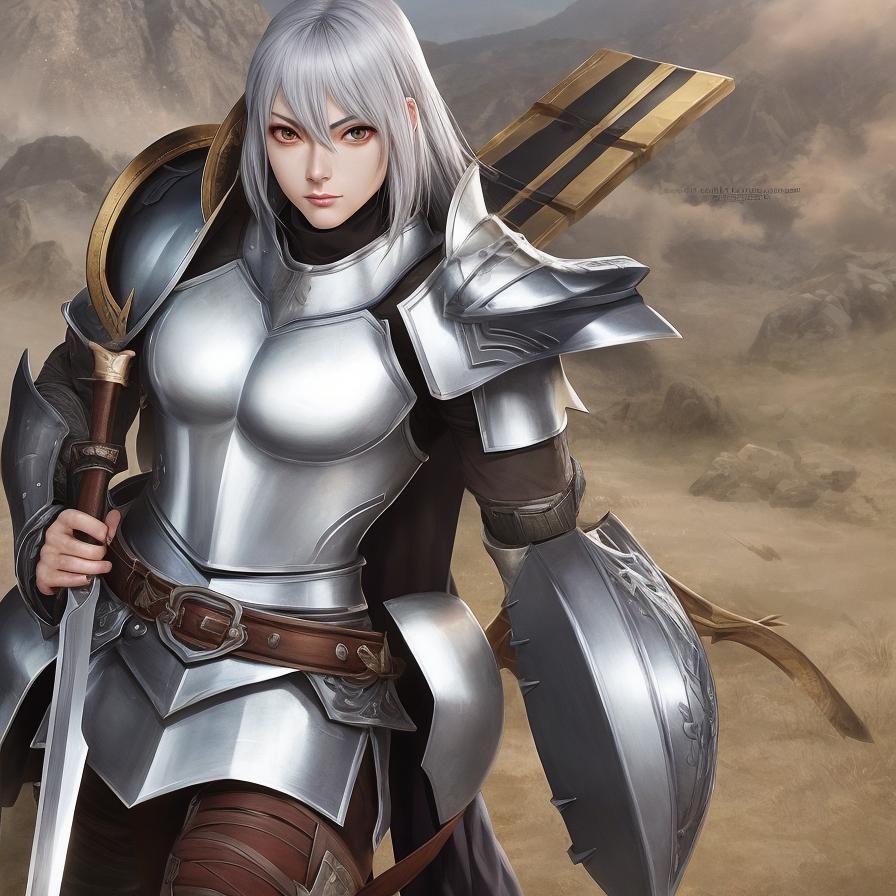 Armored Woman with Sword and Shield in Anime Style