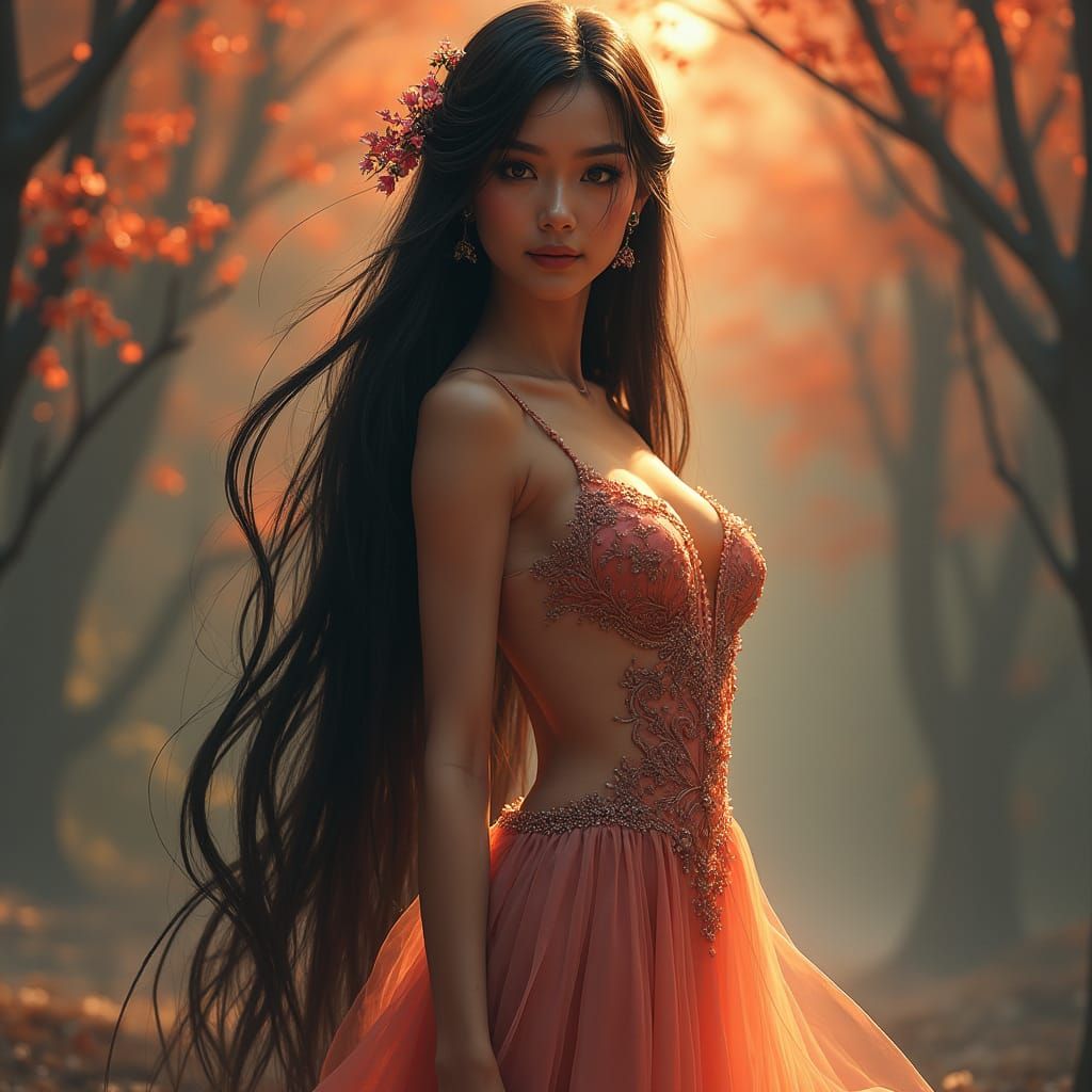 Elegant Woman with Long Hair, Hyperrealistic Digital Art