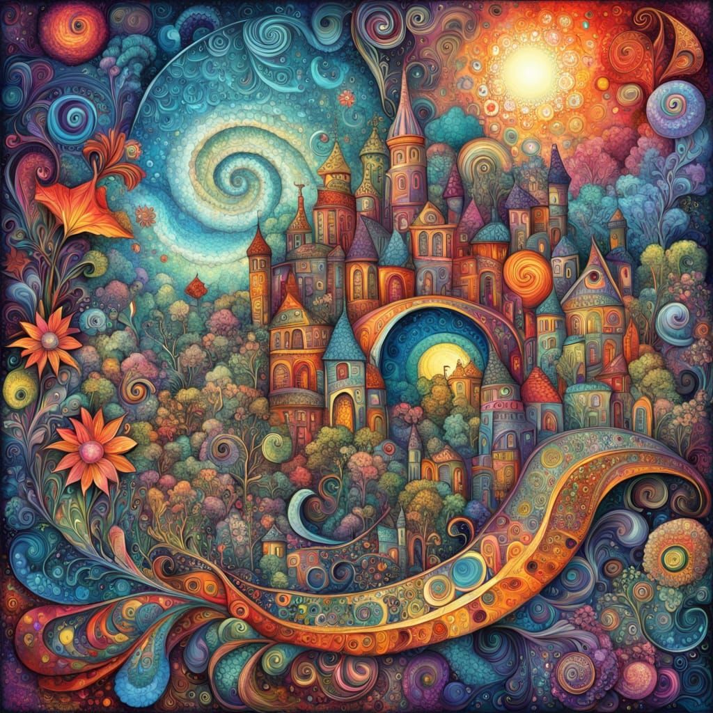 Surreal Cityscape with Fractal Patterns and Whimsical Flora