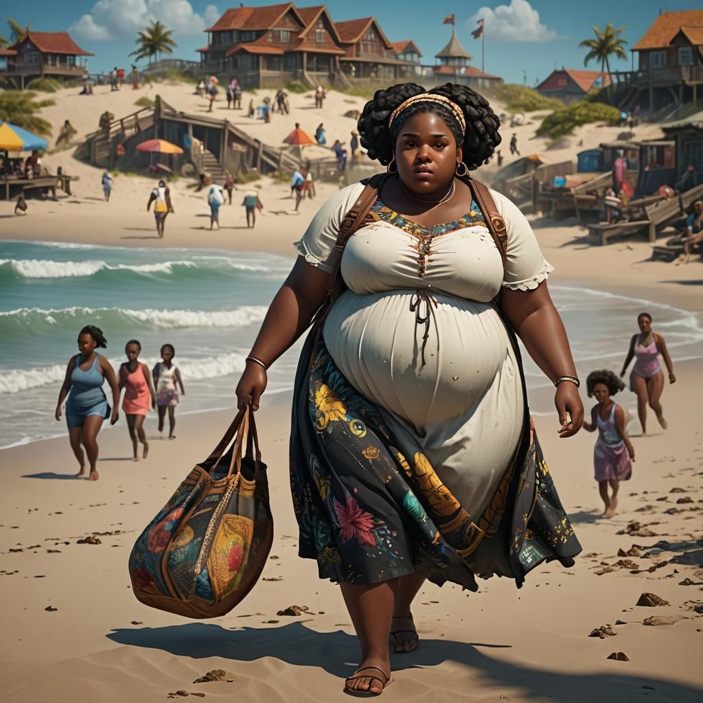 Young Black Girl Leaving Beach: Detailed Matte Painting