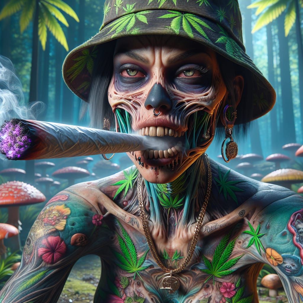 Hyperrealistic Zombie Woman Smoking in a Forest