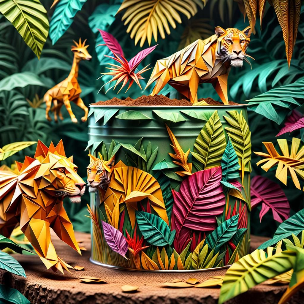 Colorful Jungle Origami Emerging from Coffee Can