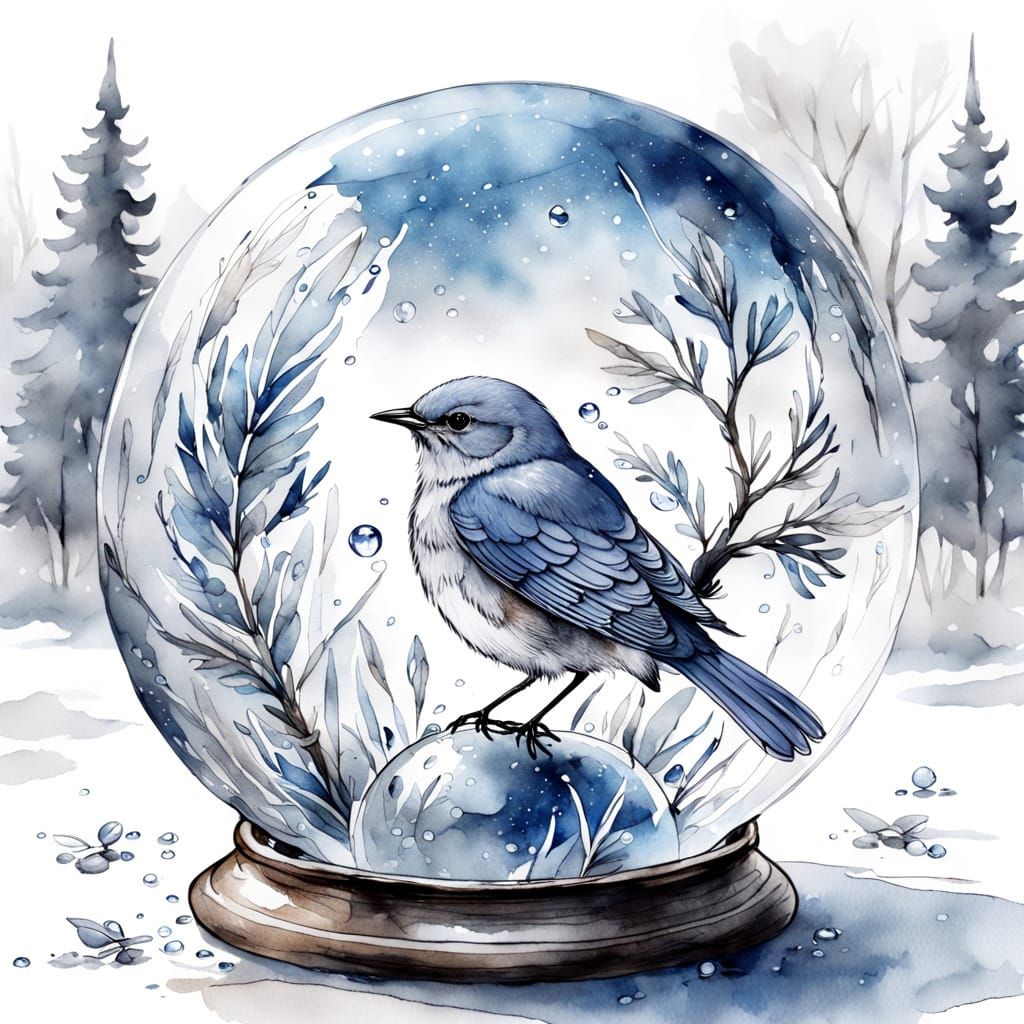 Nightingale in Glass Ball: Winter Watercolor Sketch