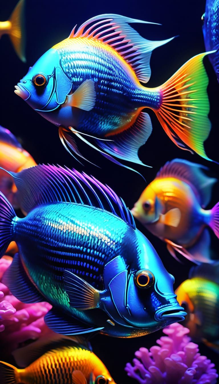 Surreal Undersea Biomechanical Fish in Synthwave Colors