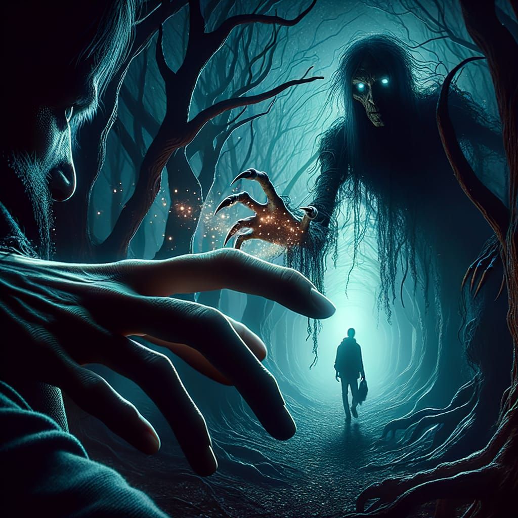 Enigmatic Fey Luring Figure into Dark Forest