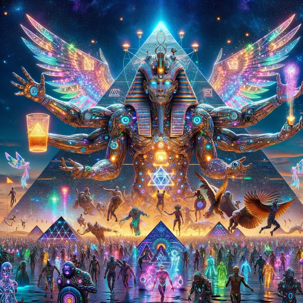 Cyberpunk Pyramids at Giza Dazzle with Iridescent Panels and...