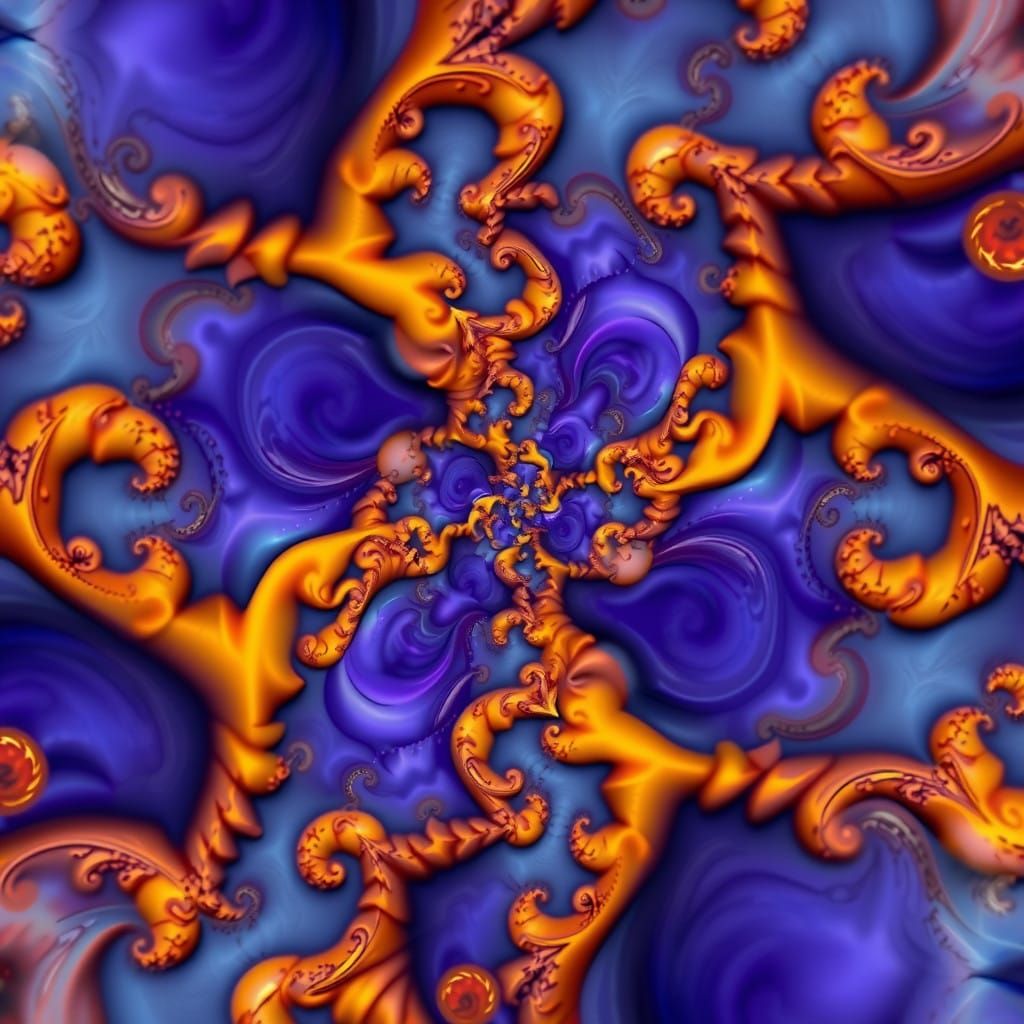 Psychedelic Fractal Dance in Deep Blues and Vibrant Oranges