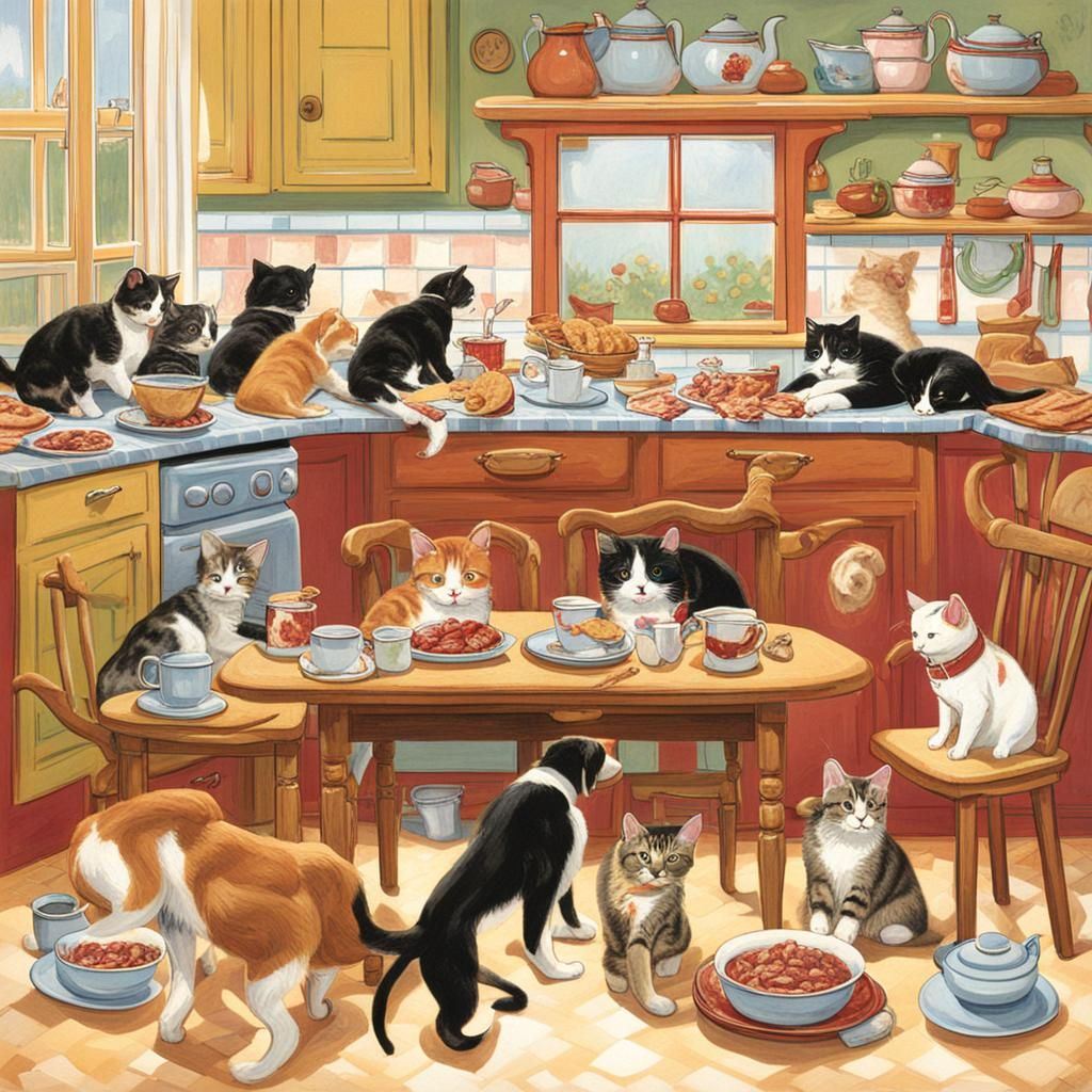 Cats and Dogs Breakfast Mishap in a Playful Kitchen