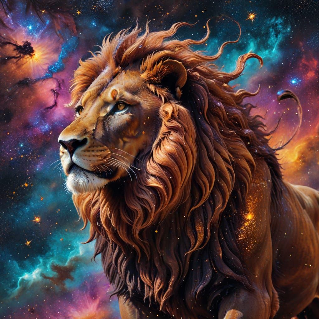 Chocolate Lion Galloping Across a Cosmic Nebula