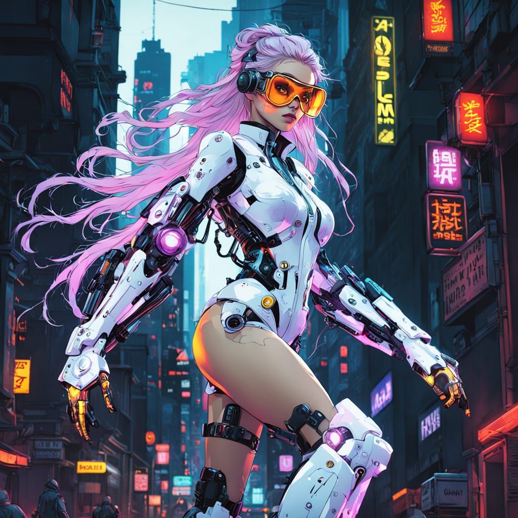 Heroic Futuristic Warrior Stands Tall in Cyberpunk City