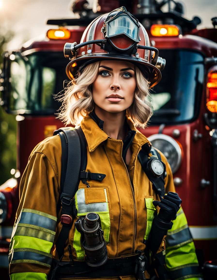 Steampunk Firefighter in Burning Forest, Hyperrealistic Phot...