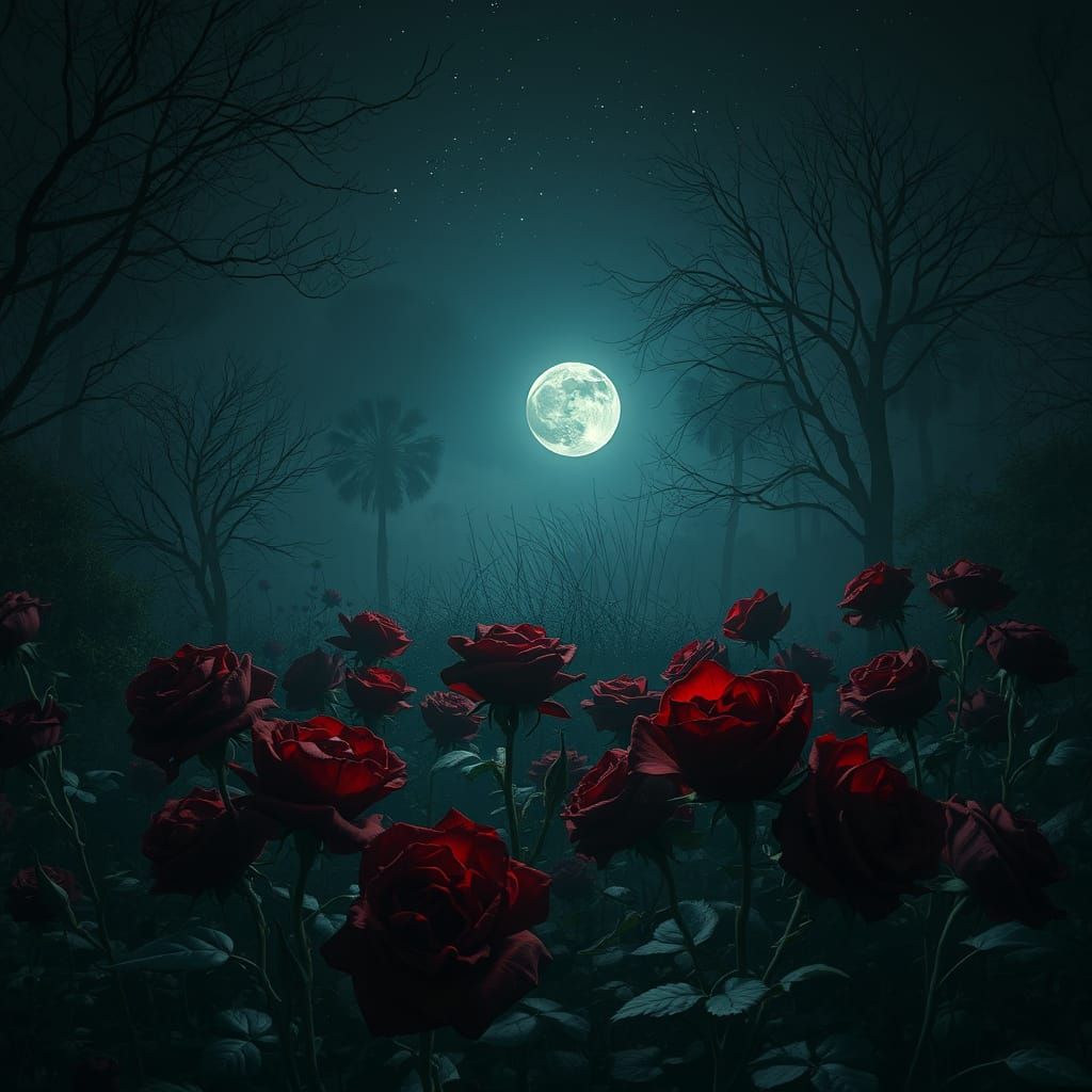 Creepy Midnight Garden with Wilted Roses
