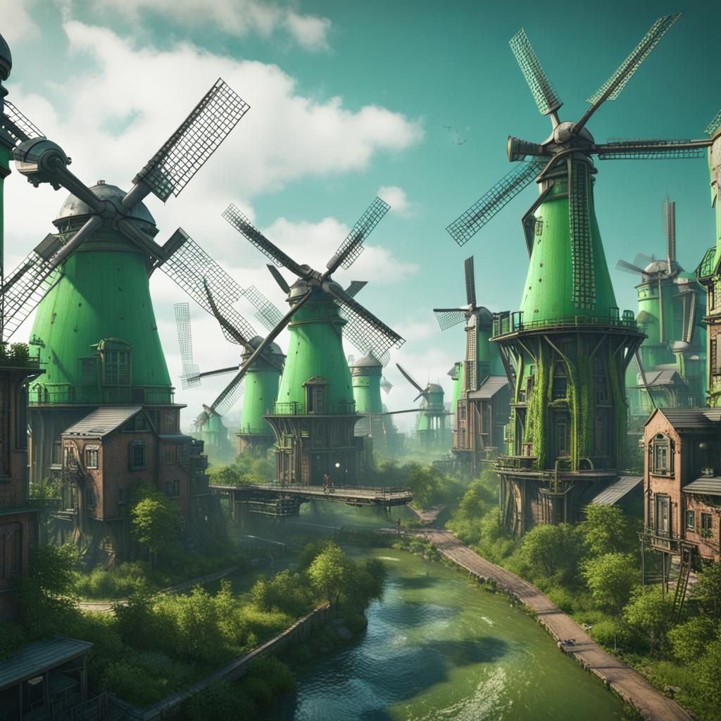 Biopunk City of Windmills: Green Future Concept Art