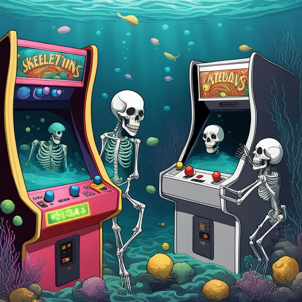 Skeletons Play Arcade Games Underwater