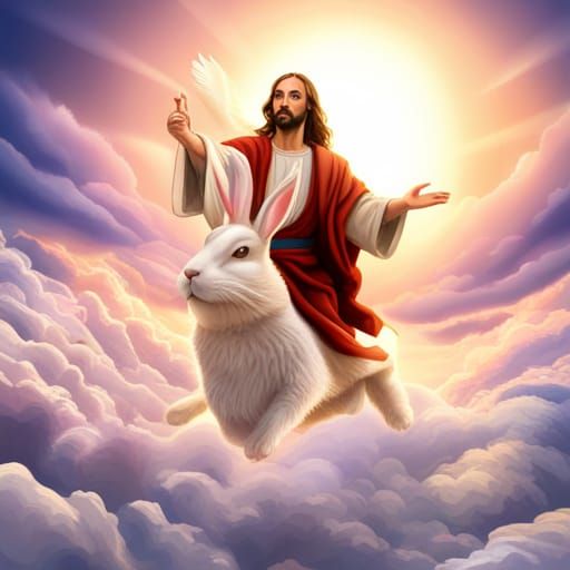 Jesus Christ Rides Easter Bunny Through Clouds