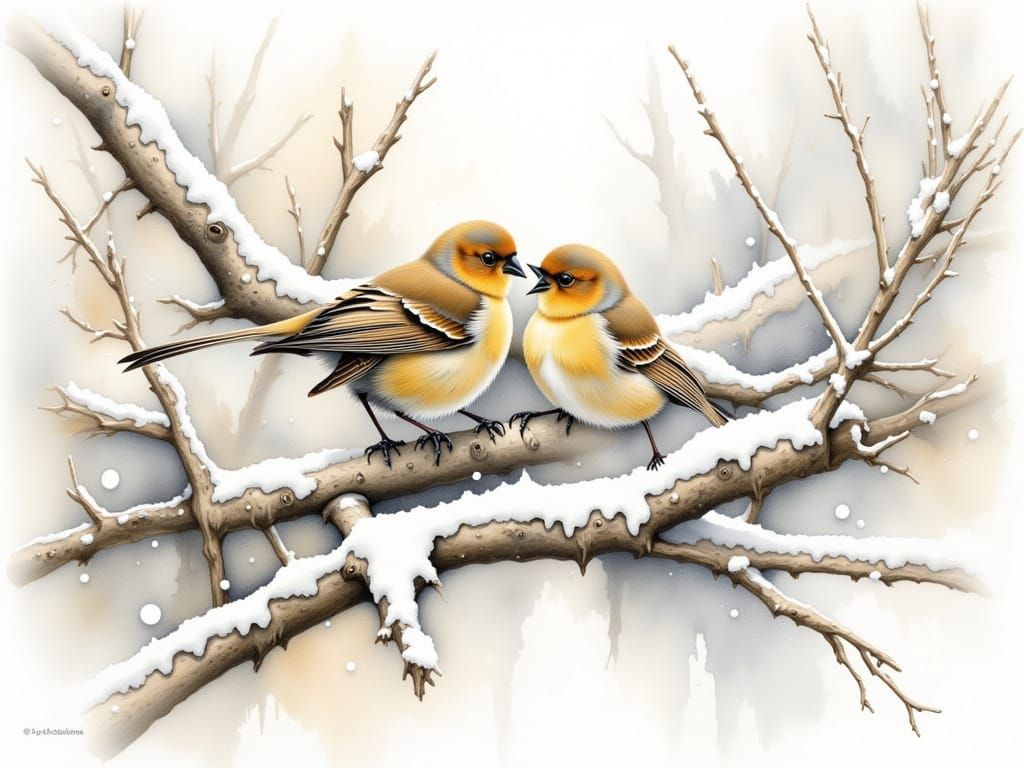 Watercolor Birds Huddled in Snowy Winter Landscape