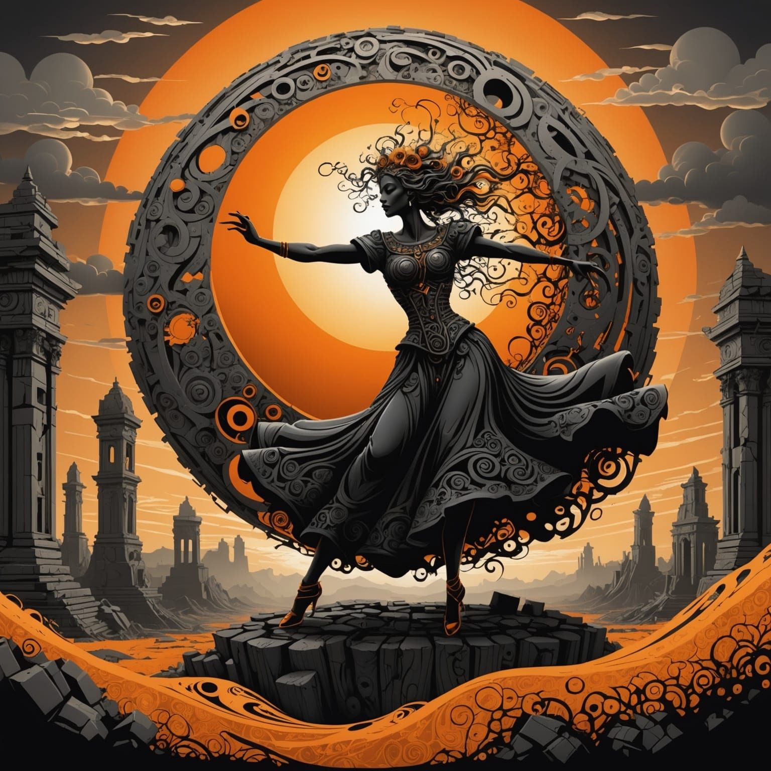 Windswept Dancer in Ruins: Abstract Vector Art