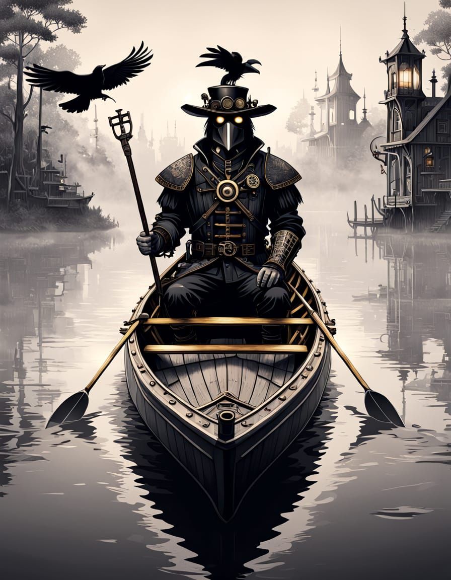 Steampunk Raven in Mechanical Canoe, Intricate Line Art