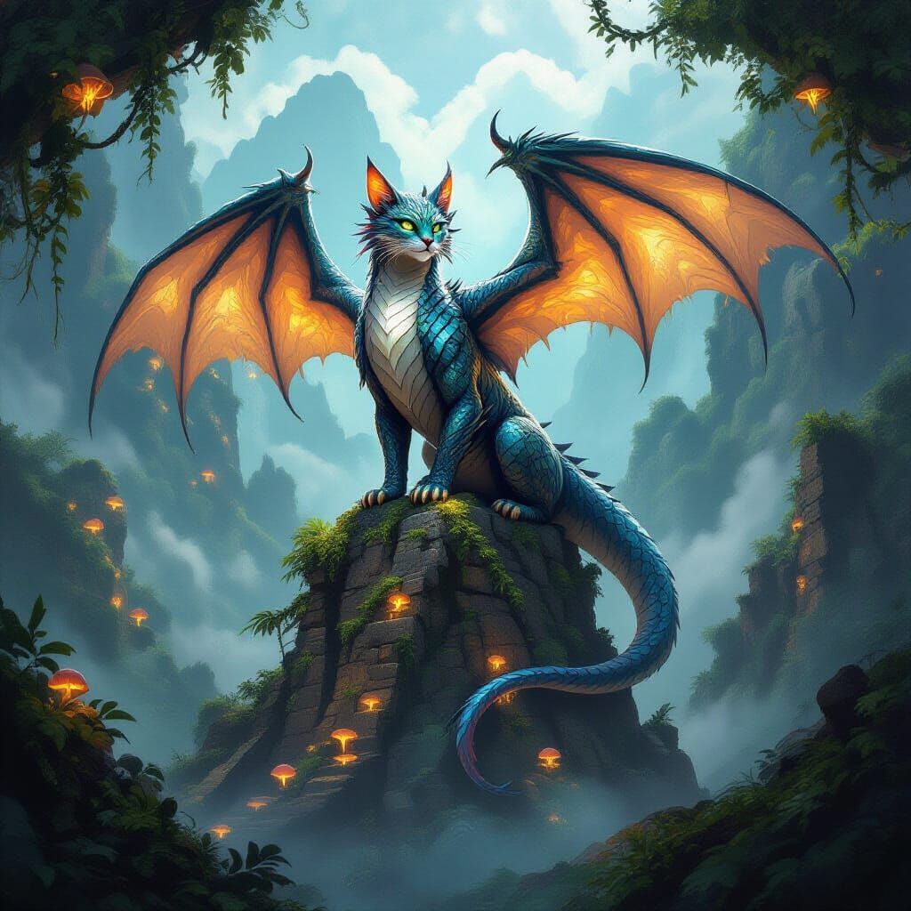 Cat-Dragon with Obsidian Scales on Crumbling Mountain