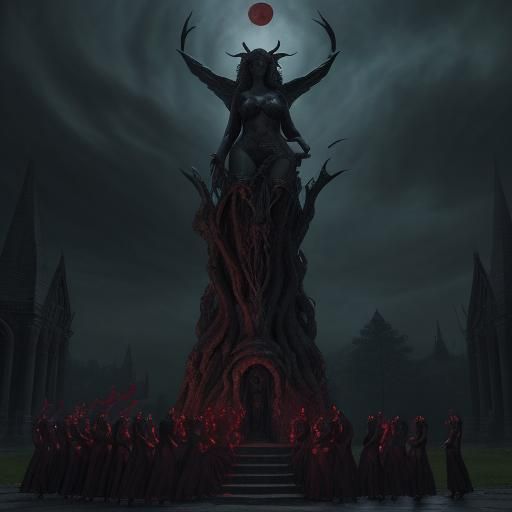 Elven Women Worship Elder God in Gothic Horror Scene