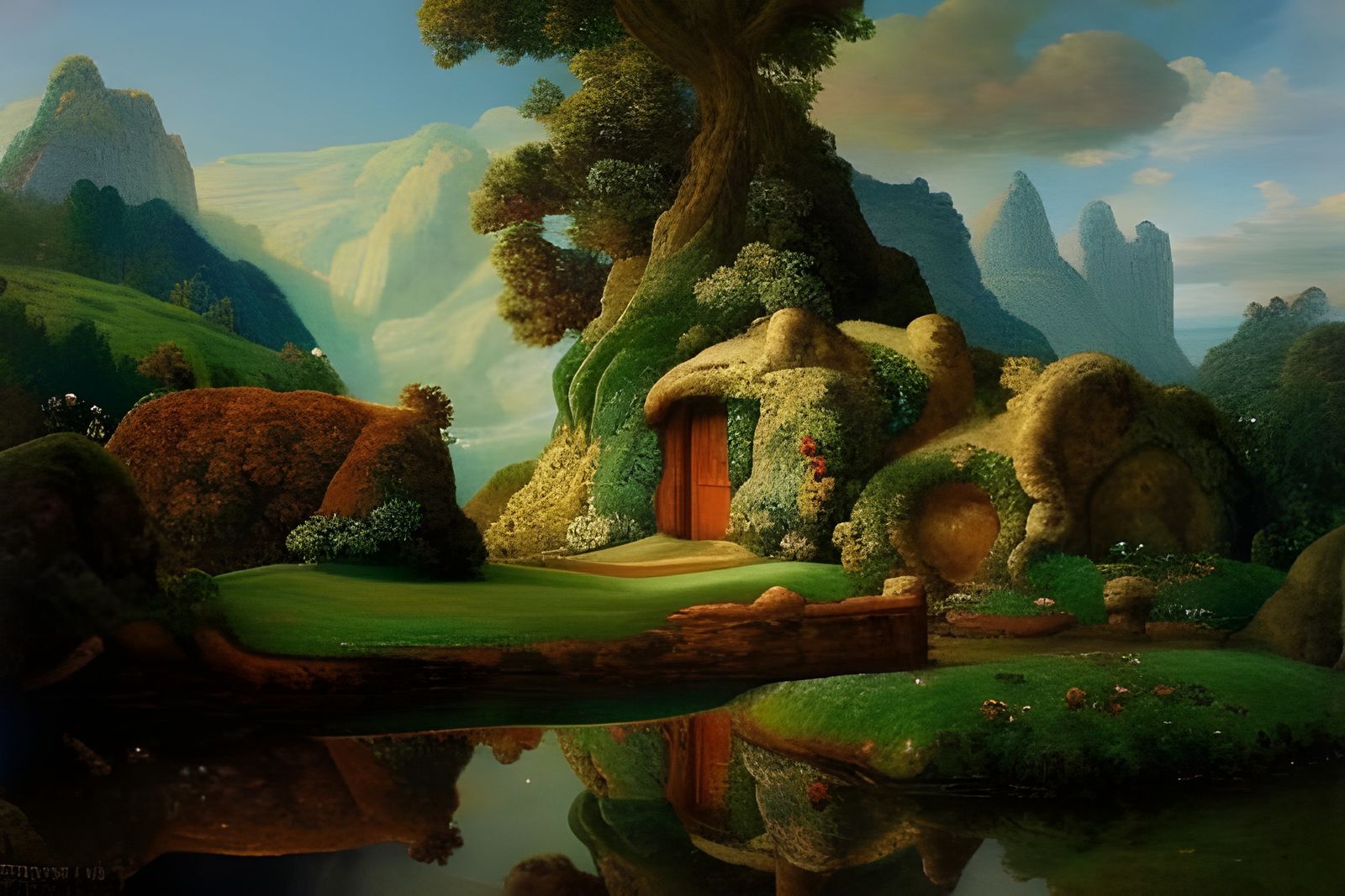 Detailed Hobbit Village Landscape Painting