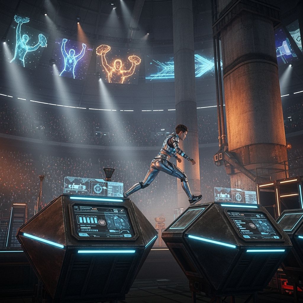 Futuristic Athlete Navigates Complex Obstacle Course