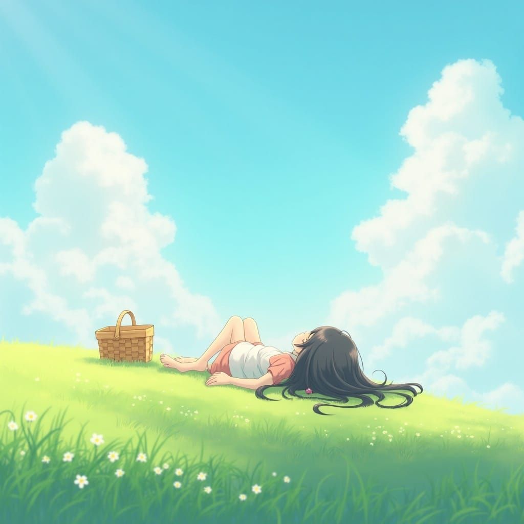 Girl on Grassy Hill Gazing at Pastel Clouds