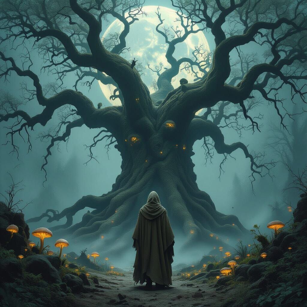 Mystical Wanderer in Bioluminescent Forest, Art Nouveau Styl...