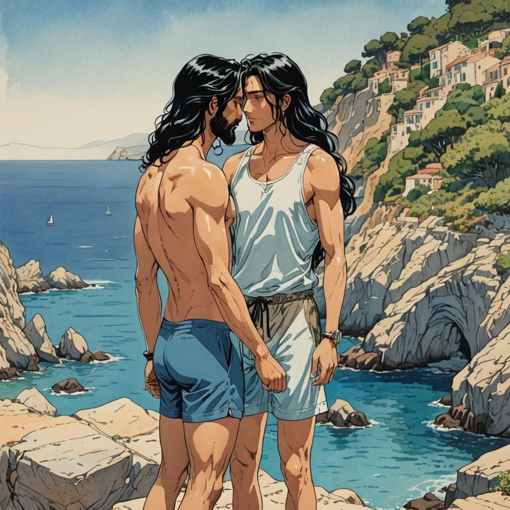 Couple Kissing in Mediterranean Cove, Anime Style