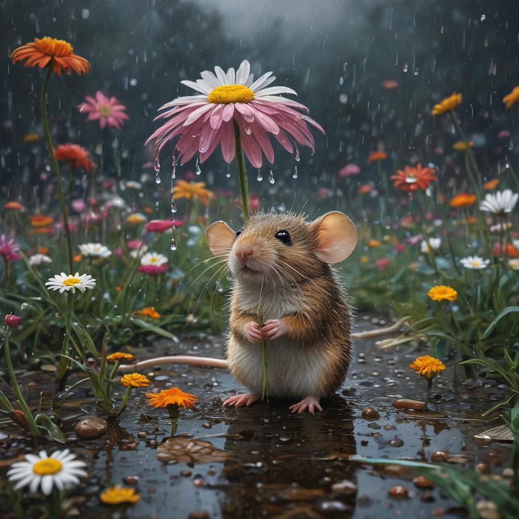 Mouse Seeks Shelter Under a Flower, Rembrandt Style