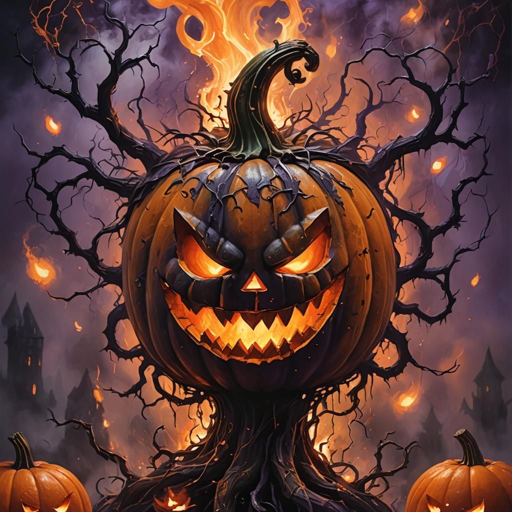 Spooky Pumpkin with Fire Limbs in Dark Surrealism