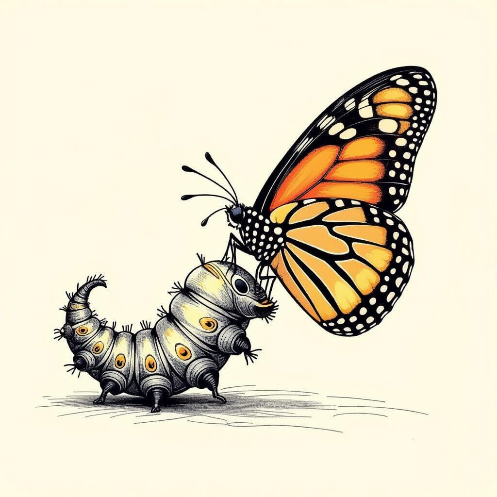 Pencil Sketch of Caterpillar Metamorphosis into Butterfly