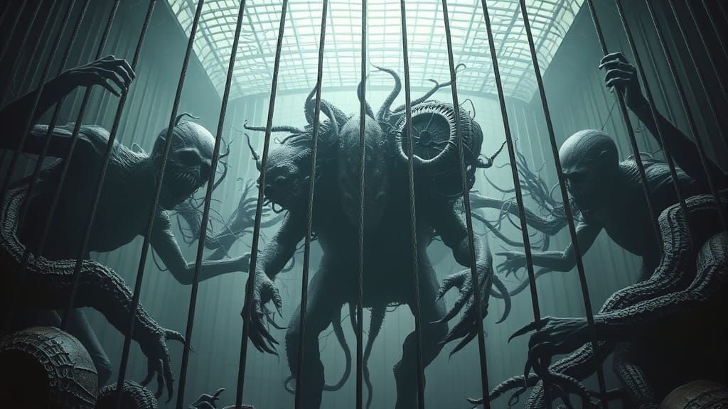 Surrealist Trapped Humanity in a Cage, Driven by Power and S...