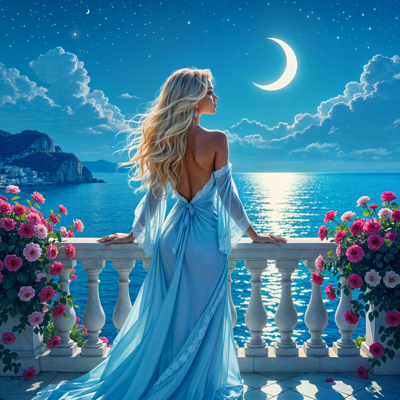 Pop Star on Balcony Under Crescent Moon