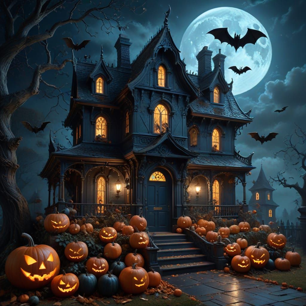 Haunted House Approached by Fairies Under Misty Full Moon