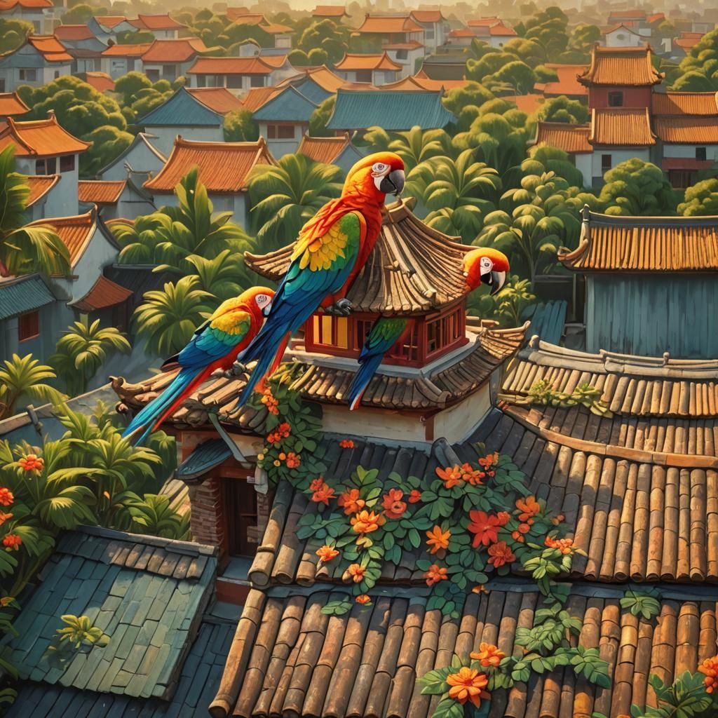 Parrots on Chinese Roof in Naive Art Style