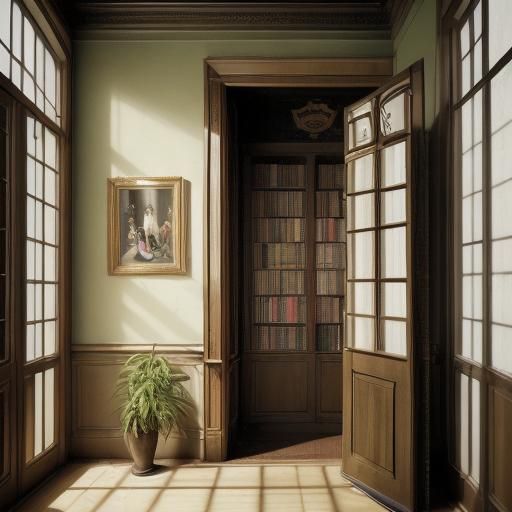 Surreal Bookshelf in Courtyard, Oil on Canvas