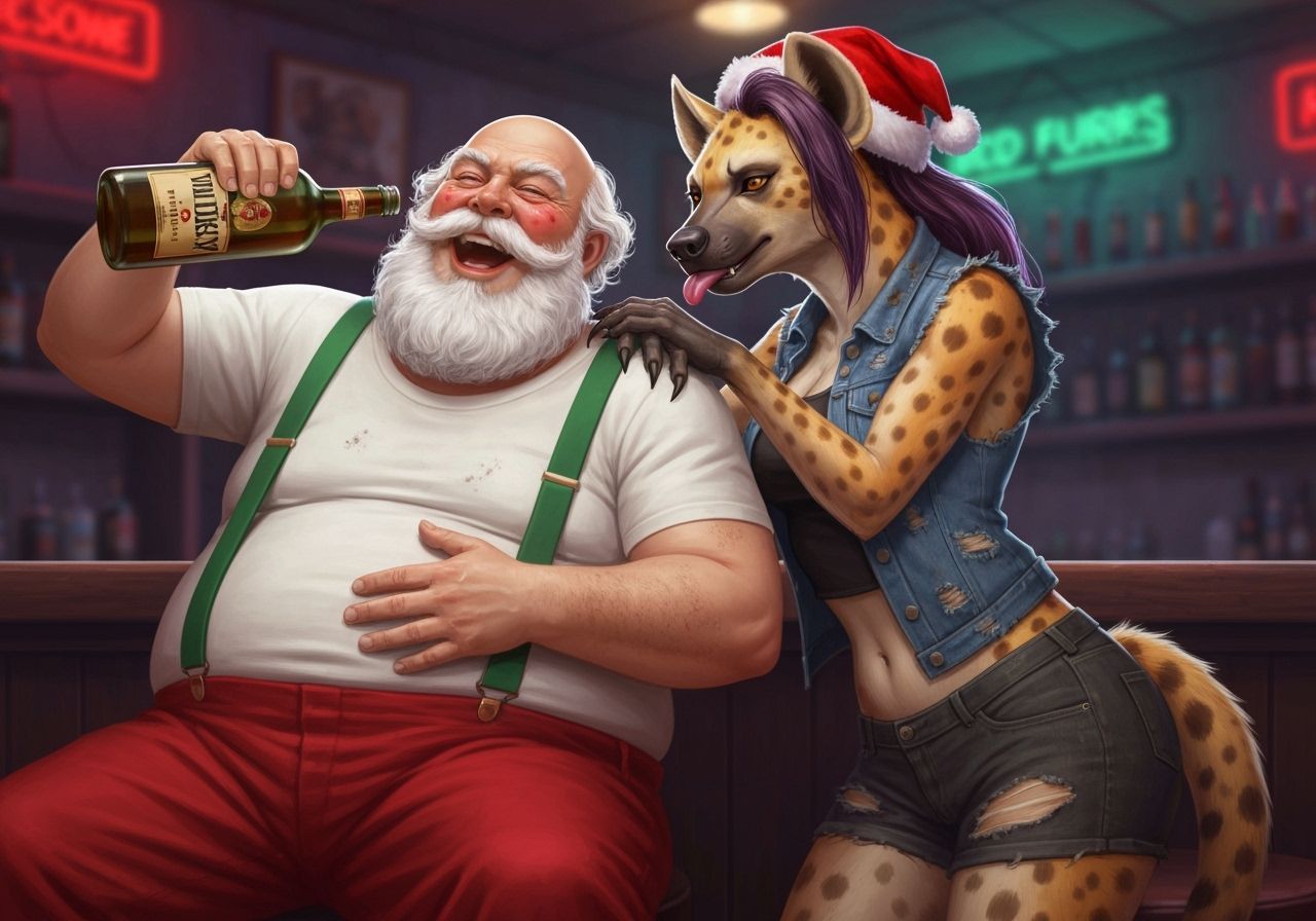 Drunken Santa and Hyena in a Grimy Dive Bar