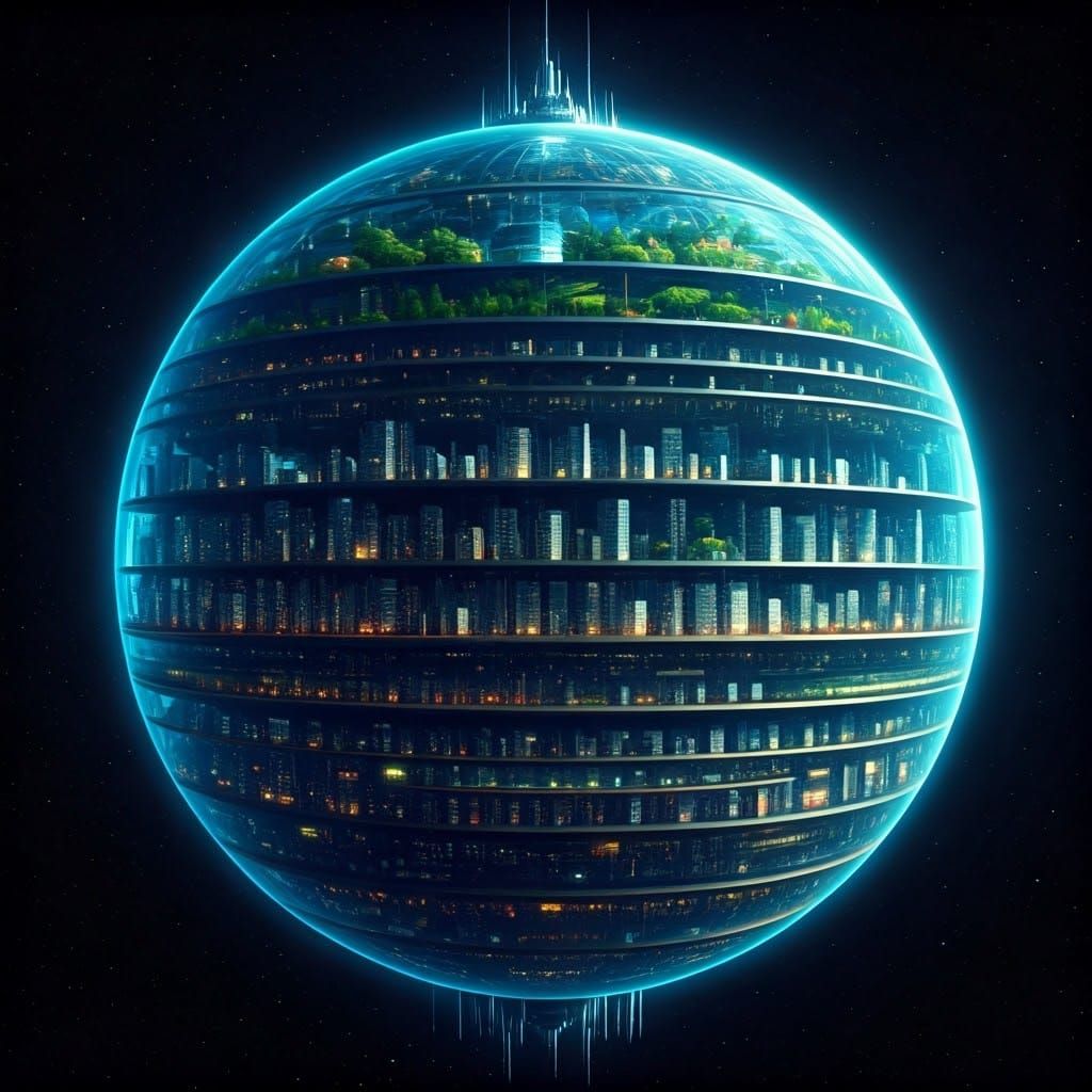 Spherical Space Station with Futuristic, Anime-Inspired Citi...