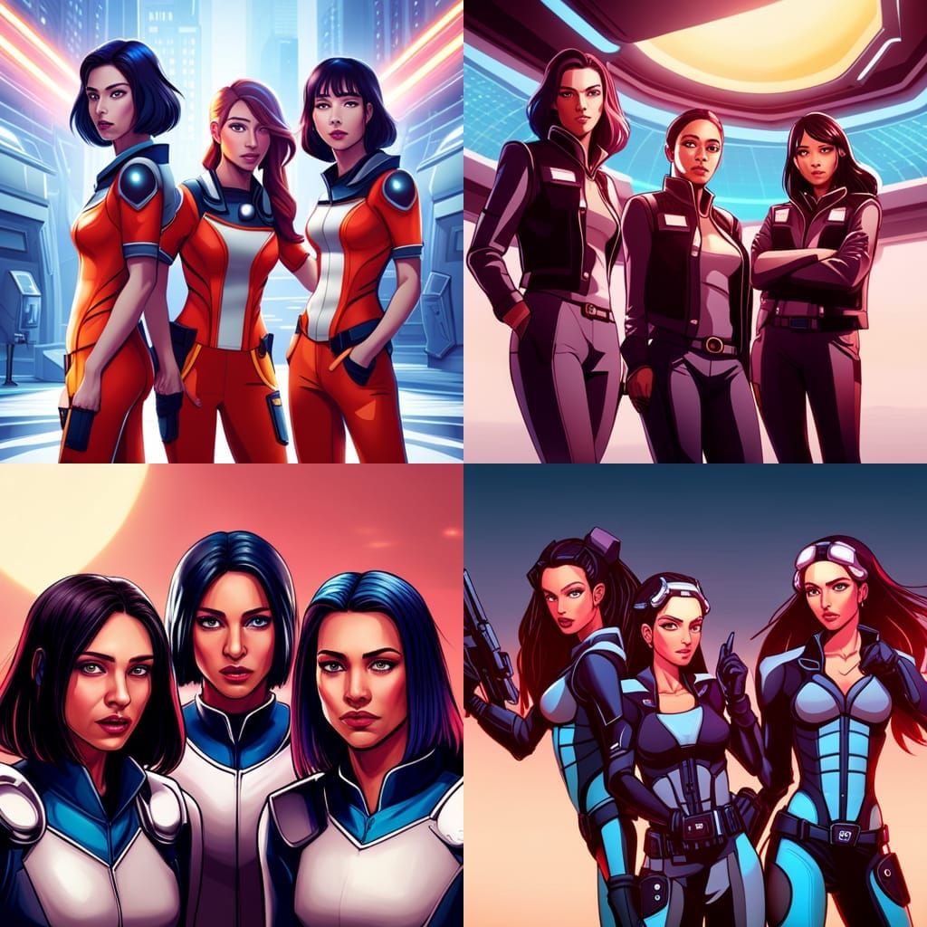 Sci-Fi Portrait: Three Futuristic Mech Pilot Sisters