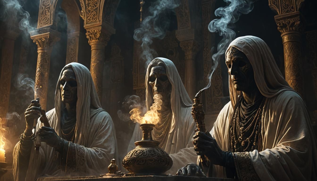 Ghosts Share Hookah on Funeral Tomb, Hyperrealistic Concept ...