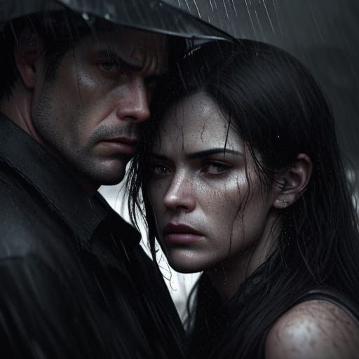 Emotional Close-Up of Couple in Rainstorm