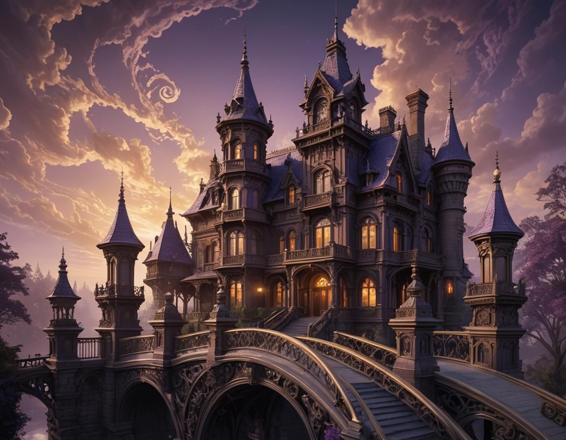 Fantasy Victorian Mansion on Arched Bridge