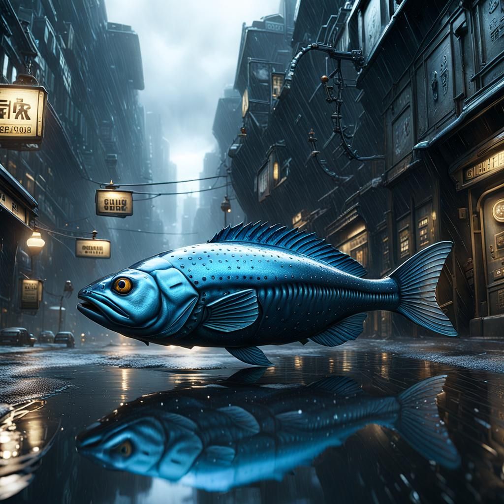 Biomechanical Blue Cod in Dystopian Cityscape