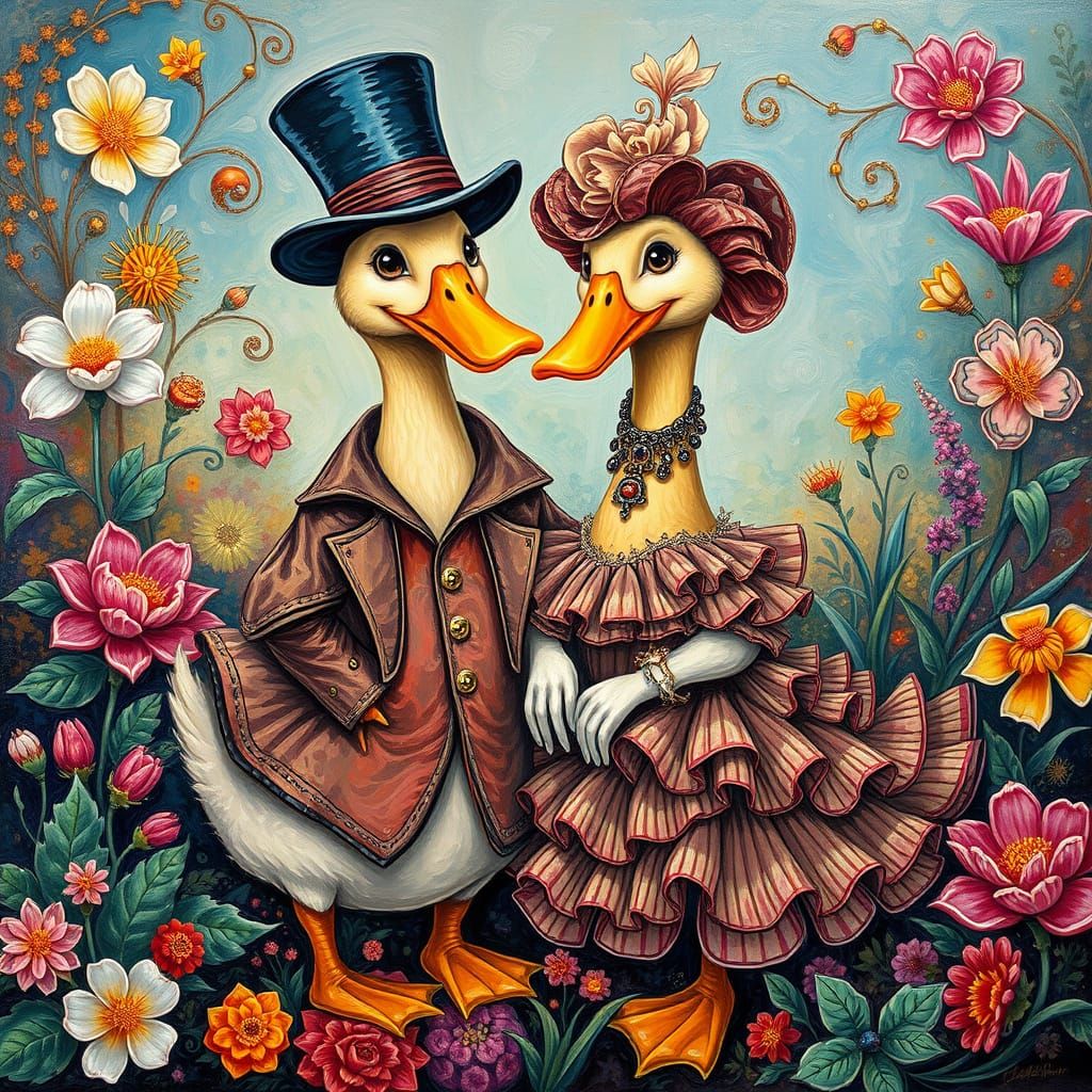 Whimsical Victorian Duck Couple in Vibrant Neo-Expressionist...