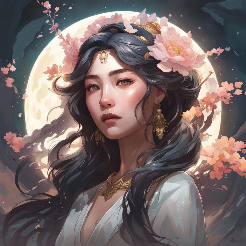 Satomi Ishihara as Moon Goddess, Hyperdetailed Portrait