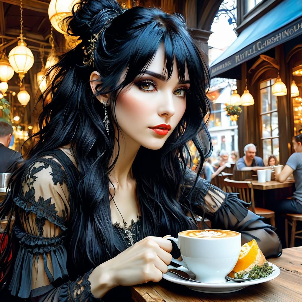 Gothic Fairytale Woman in Cafe, Anime Style