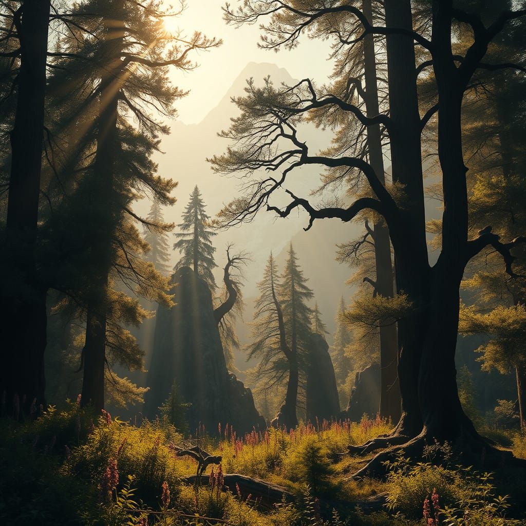 Golden Sunbeams Dance Through a Mystical Forest