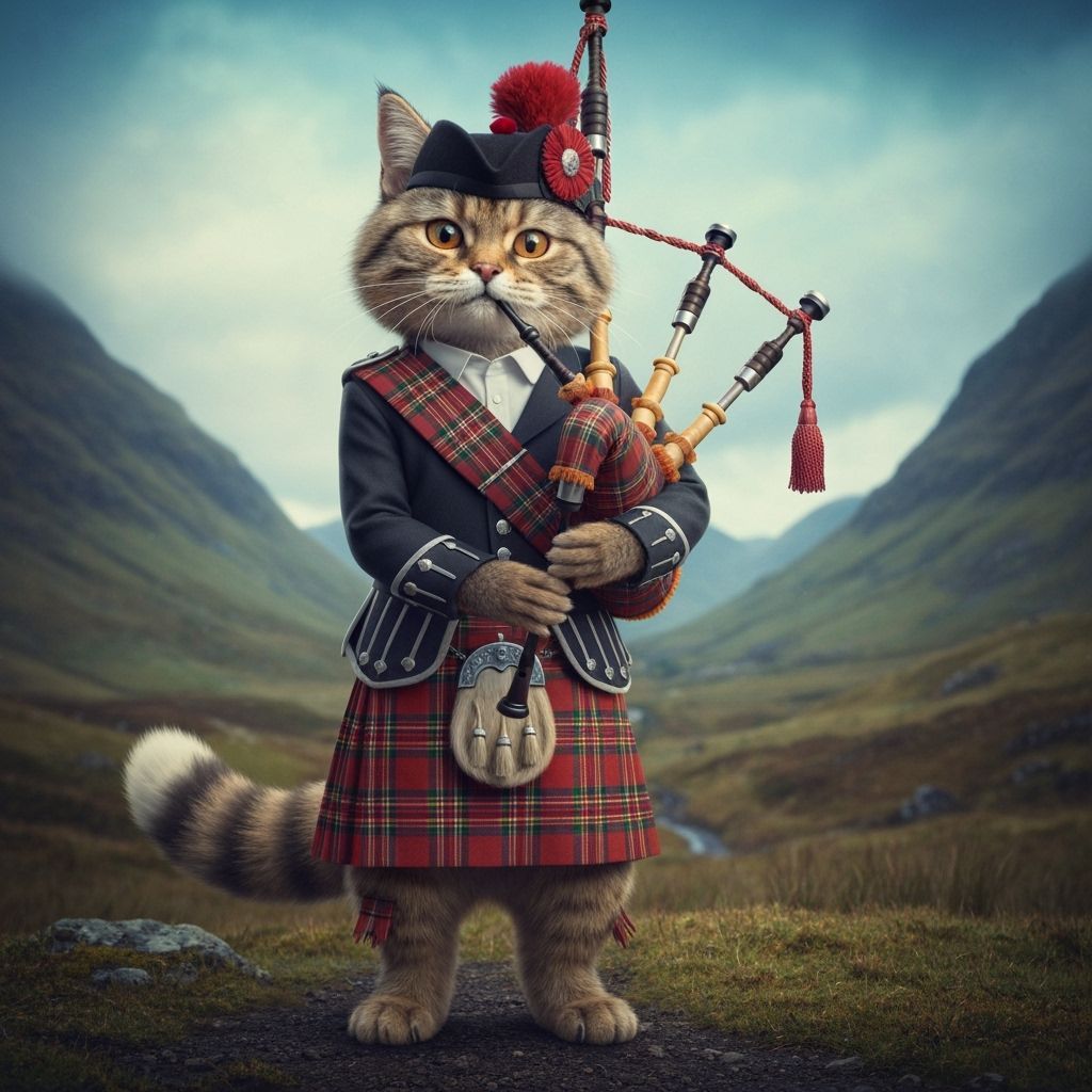 Anthropomorphic Scottish Wildcat dressed in a tartan kilt an...